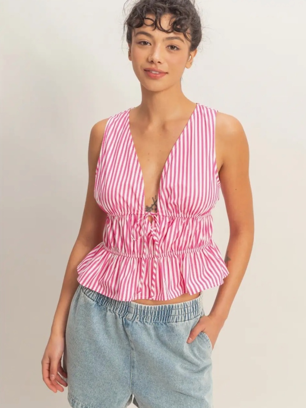Double Zero V Neck Striped Peplum Tank Pink Large NWT